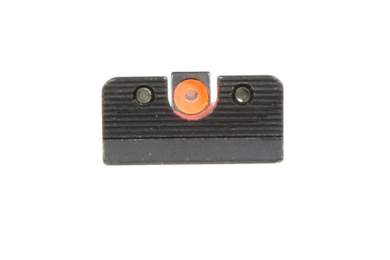 Trijicon HD hi-vis night sights with orange outline use a subdued rear sight with bright tritium vials for all-weather shooting.